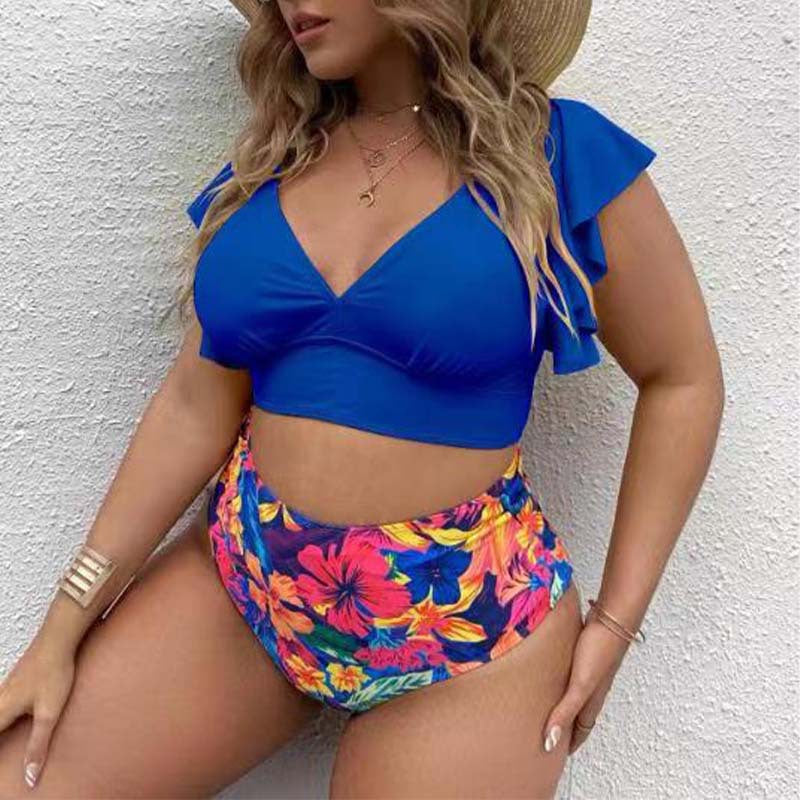 Venta al por mayor Plus Size Fat Girl Ruffle V Neck Split Bikini traje de baño poliéster